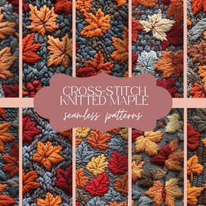 12 Stickdatei Ahorn Textur | Nahtlos gestricktes Naturmuster | Herbst Blätter Hintergrund | Botanisches Digitales Papier | Sammelalbum Kreuzstich