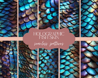 12 Holographic Fish Skin Seamless Pattern | Iridescent Marine Texture | Bronze Azure Print | Aquatic Digital Paper | Mermaid Scale Kit
