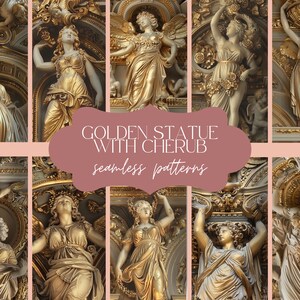 Puede incluir: Un patrón sin costuras con estatuas doradas con querubines. Las estatuas están en una variedad de poses y están adornadas con intrincados detalles. El fondo es de color rosa pálido.