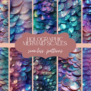 Pode incluir: Uma coleção de padrões sem costura com escamas de sereia holográficas em várias cores. As escamas brilham com tons de azul, roxo e verde-azulado, criando um efeito texturizado e iridescente. A imagem inclui o texto "HOLOGRAPHIC MERMAID SCALES seamless patterns."