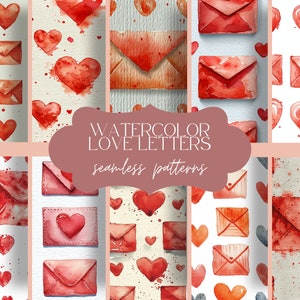 12 lettres d'amour à l'aquarelle | Modèle sans couture d'enveloppes | Impression de notes manuscrites | Papier numérique blanc rouge | Coffret Saint-Valentin