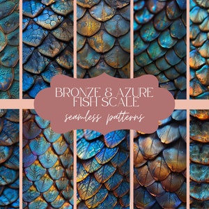 12 Modello senza cuciture pelle di pesce azzurro bronzo / Texture marina iridescente / Stampa serpente olografica / Carta digitale acquatica / Kit scala sirena