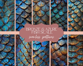 12 Bronze Azure Fish Skin Seamless Pattern | Iridescent Marine Texture | Holographic Snake Print | Aquatic Digital Paper | Mermaid Scale Kit