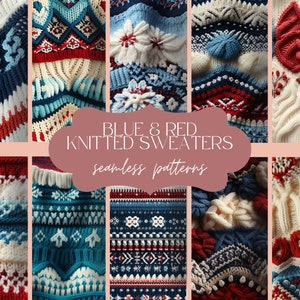 Modèle sans couture de 12 pulls de Noël bleus et rouges | Texture de tricot d'hiver | Impression de vacances confortable | Papier numérique tricoté | Ensemble tendance en laine