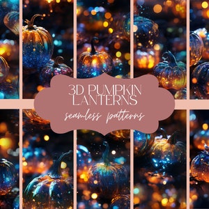 May include: A seamless pattern featuring glowing 3D pumpkin lanterns with intricate details. The pumpkins are a mix of blue, green, and orange with a sparkly finish. The background is a blur of warm lights.