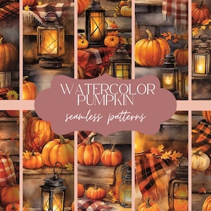 12 Aquarelpompoenpatroon | Naadloze rustieke kerosinelamp | Gezellige herfstprint | Oogst digitaal papier | In sjaal verpakte plakboekenset