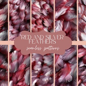 12 Silver & Red Feathers Texture | Seamless Bird Pattern | Print Marco Background | Detailed Digital Paper | Scrapbook Journal Set
