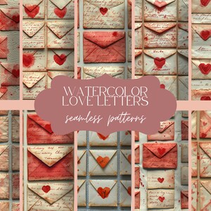 12 lettres d'amour à l'aquarelle | Modèle sans couture d'enveloppes | Impression de notes manuscrites | Papier numérique blanc rouge | Coffret Saint-Valentin
