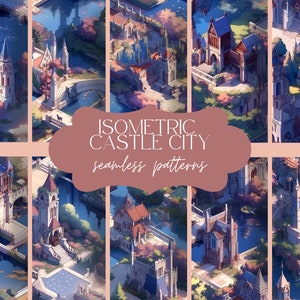 Op de afbeelding: Een verzameling van 12 naadloze patronen met isometrische illustraties van een kasteelstad met gebouwen, bruggen en water. De patronen zijn in een lichtblauw, roze en groen kleurenschema.