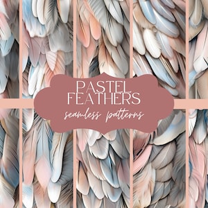 Puede incluir: Un patrón sin costuras que presenta un primer plano de plumas suaves en colores pastel. Las plumas están dispuestas en un patrón superpuesto y en capas, creando un fondo delicado y texturizado.