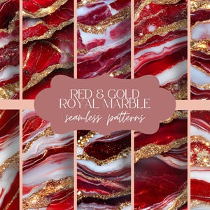 May include: Eight seamless patterns featuring red and gold marble designs. The patterns are abstract and feature swirling, flowing lines.