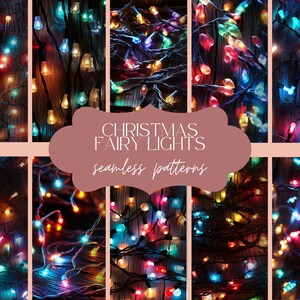May include: A collage of eight seamless patterns featuring colourful Christmas fairy lights on a dark wood background. The lights are arranged in a variety of patterns, creating a festive and cheerful atmosphere.