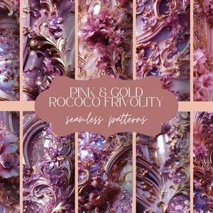 May include: A collection of 10 seamless patterns featuring pink and gold rococo-style designs. The patterns are intricate and detailed, with floral motifs, swirls, and ornate details. The patterns are perfect for adding a touch of elegance and sophistication to any project.