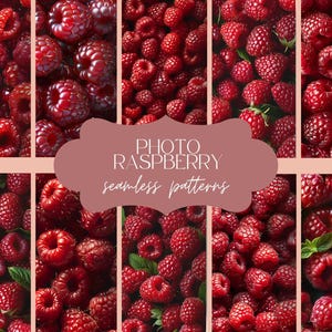 12 hallonfototexturer | Sömlöst botaniskt bärmönster | Digitalt papper med sommarfrukter | Scrapbook-naturbakgrund | Fräsch estetik