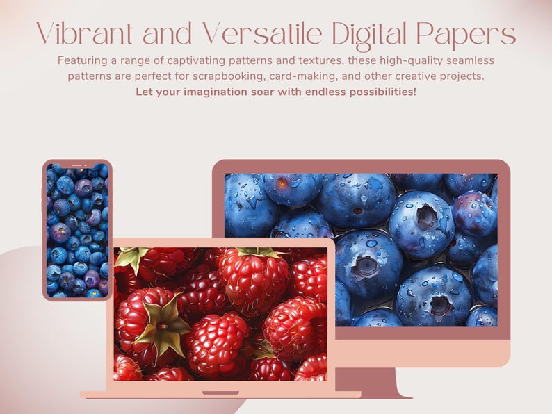 12 Blueberry & Raspberry Texture Seamless Botanical Pattern Summer ...