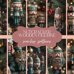 12 Nutcracker Figurine Seamless Pattern | Christmas Tree Texture | Wooden Decorations Print | Ballet Digital Paper | Festive Statue Set