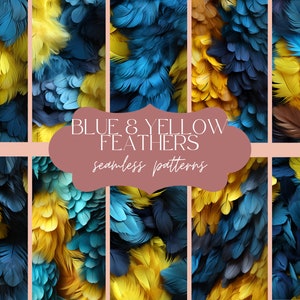 12 Blue & Yellow Feathers Texture | Seamless Bird Pattern | Print Marco Background | Detailed Digital Paper | Scrapbook Journal Set