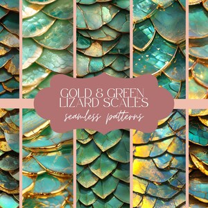 May include: A digital art collage featuring gold and green lizard scales arranged in a seamless pattern. The image includes the text "GOLD & GREEN LIZARD SCALES seamless patterns" in a pinkish-brown banner.