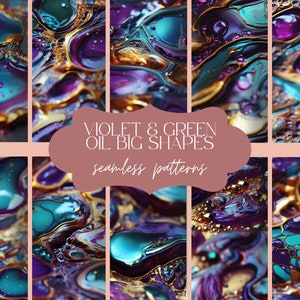Pode incluir: Padrões sem costura com redemoinhos abstratos de tinta roxa, turquesa e dourada. Os padrões são chamados de "Violet & Green Oil Big Shapes".