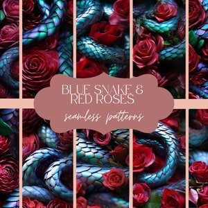 13 Serpente Blu Rose Rosse Modello Senza Cuciture / Texture Floreale Rettiliano / Stampa Serpente Esotico / Carta Digitale Fauna Selvatica / Set Album Rettile