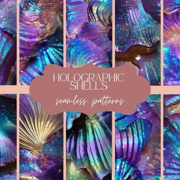 14 Holographic Shells Texture | Glitter Seamless Pattern | Fantasy Mermaid Print | Iridescent Digital Paper | Ocean Beach Scrapbook Set