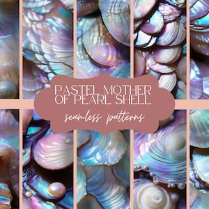 Op de afbeelding: Close-up van een pastelkleurige parelmoer schelp met iriserende kleuren. De schelp heeft een glad, getextureerd oppervlak en een delicaat, gelaagd patroon. De afbeelding is een naadloos patroon.