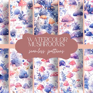 Padrão de 12 cogumelos em aquarela azul | Textura de floresta aconchegante e perfeita | Fundo de impressão de outono | Papel Digital Fungos | Conjunto de álbum de recortes sonhador
