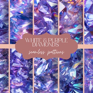May include: A collection of seamless patterns featuring white and purple diamonds. The diamonds have a multifaceted, crystalline appearance with reflective surfaces. The image includes the text "WHITE & PURPLE DIAMONDS seamless patterns".