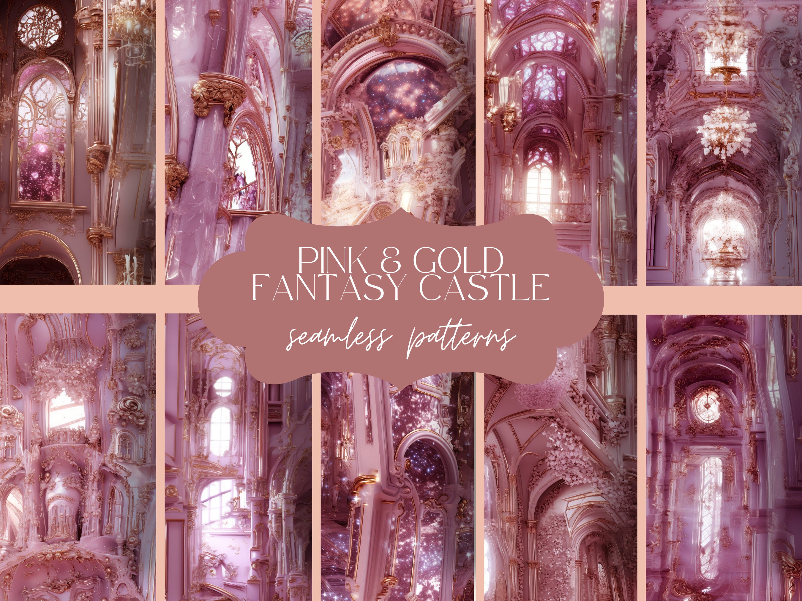 12 Pink & Gold Fantasy Castle Seamless Pattern | Dream Fairy Tale ...