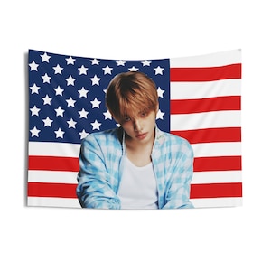 May include: A tapestry featuring the American flag as a backdrop. In front of the flag is a person wearing a blue plaid shirt over a white shirt. The person has light brown hair and is looking down.