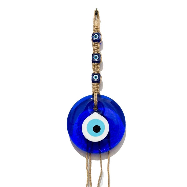 4"Glass Blue Evil Eye Wall Hanging Ornament with 3 mini beads, Turkish Handmade Nazar, Good Luck and Protection Charm, Mothers Day Gift