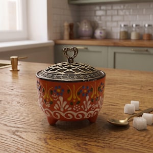 May include: A round orange ceramic bowl with three small feet, featuring a hand-painted floral pattern in white, yellow, and blue. It includes a removable dark metal lid with a lattice design and a heart-shaped handle, accompanied by a small spoon.