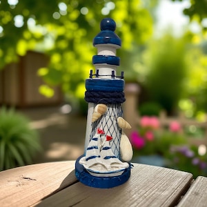 Handmade Nautical Wooden Lighthouse Decor  – Mini Coastal Ornament with Shells – Beach House Bathroom Shelf Decoration