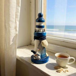 Handmade Nautical Wooden Lighthouse Decor  – Mini Coastal Ornament with Shells – Beach House Bathroom Shelf Decoration