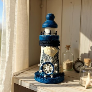 Handmade Nautical Wooden Lighthouse Decor  – Mini Coastal Ornament with Shells – Beach House Bathroom Shelf Decoration
