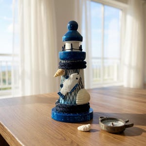 Handmade Nautical Wooden Lighthouse Decor  – Mini Coastal Ornament with Shells – Beach House Bathroom Shelf Decoration