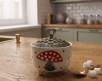 Mushroom Ceramic Sugar Bowl with Metal Lid, Footed Pottery Candy Dish, Cute Cottagecore Trinket Box, Coffee Bar Decor Gift