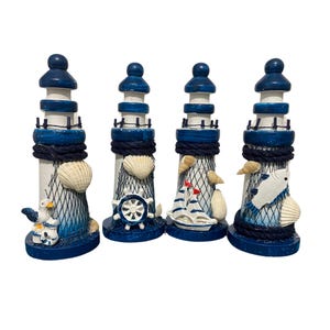 Wooden Lighthouse Decor  – Mini Coastal Ornament with Shells – Beach House Bathroom Shelf Decoration - Handmade Mini Wooden Lighthouse