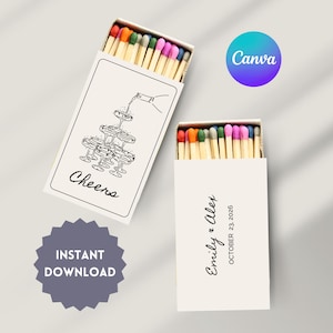 Retro Wedding Favor Matchboxes Canva Template Custom Matchboxes Wedding Formal Design for Sparkler Send-Off Matches Cream & Black Whimsical