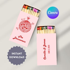May include: Two pink matchboxes with red text. The first matchbox has a red disco ball graphic and the text "C+J The Donnovans". The second matchbox has the text "Camilla & James JUNE 3, 2025".