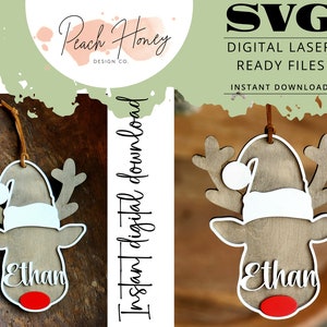 Rendier SVG, Santa's Rendier Koushanger, Kousnaamplaatje, Kerstornament, SVG Laserbestand, Gepersonaliseerd, Aanpassen, Aanpasbaar