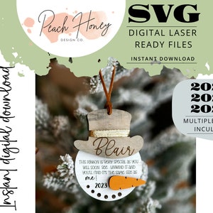 2023 2024 2025 Christmas Tree Ornament, SVG Laser Cut File, Measure Me, Ribbon Ornament, Child Height, Measure Height, Snowman, Keepsake