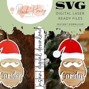Santa SVG, Santa Hat, Stocking Hanger, Stocking Nametag, Christmas, Ornament, SVG Laser File, Personalized, Customizable, Digital Download