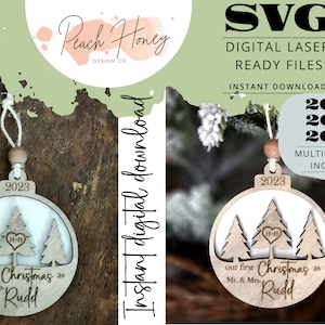 Adorno de Navidad SVG Archivo láser Archivo de corte digital Recién casados Regalo de despedida de soltera Primera 1ª Navidad juntos Nuestro primer Sr. y Sra. personalizados