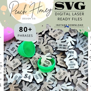 Könnte beinhalten: Eine Ansammlung von hölzernen Hasenanhängern mit Sätzen wie "Pizza Night" und "Movie Night", zusammen mit zwei Plastik-Ostereiern. Das Bild enthält Text, der "SVG Digital Laser Ready Files" und "Instant Download" sagt.