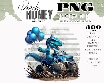 Urodziny dinozaura PNG, grafika urodzinowa Monster Truck, plik sublimacyjny PNG na imprezę dla dzieci z motywem dinozaura Clipart Dino Riding Monster Truck