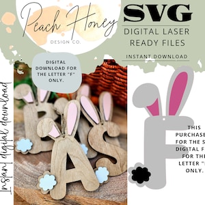 Étiquette 3D pour le panier de Pâques, fichier numérique SVG pour laser, oreilles de lapin, fichier coupé, lettre F, étiquette pour panier de Pâques, seau de Pâques, sac de Pâques, 3D