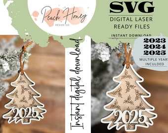 2023 2024 2025 Christmas Tree Ornament, SVG Laser Cut File, Annual, Minimalist, Holly, Hand drawn, Multiple Years, Bundle, SVG Laser Bundle