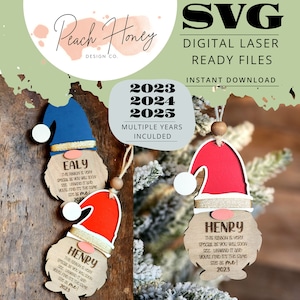 2023 2024 2025 Christmas Tree Ornament, Gnome, SVG Laser Cut File, Measure Me, Ribbon Ornament, Child Height, Measure Height, Grandchild