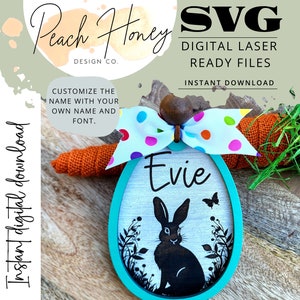 Étiquette de Pâques, étiquette de lapin de Pâques, étiquette de nom de panier, nom d'oeuf de Pâques, nom pour le panier de Pâques, fichier découpé au laser SVG, fichier SVG, Glowforge, laser, 3D